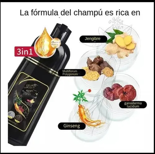 EELHOE Champú Tinte Negro 3 en 1: Cubre Canas y Nutre el Cabello