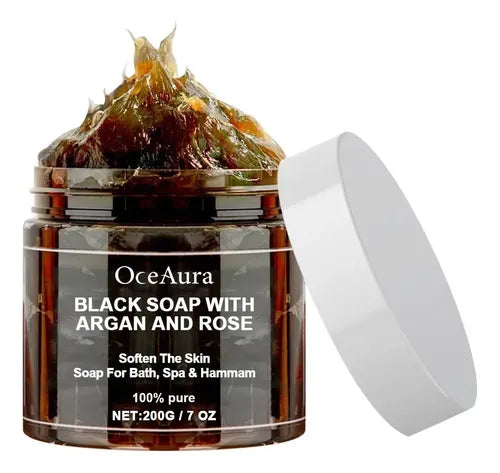 Jabon Negro Marroqui Oceaura con Argan y Rosa 200g