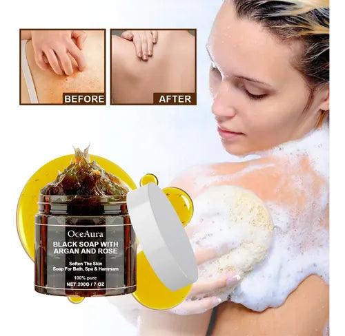 Jabon Negro Marroqui Oceaura con Argan y Rosa 200g