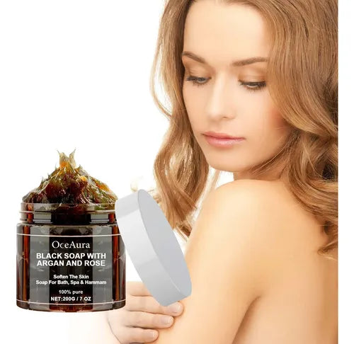 Jabon Negro Marroqui Oceaura con Argan y Rosa 200g