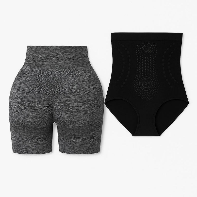 Dos fajas tipo corsé y dos shorts de yoga negros
