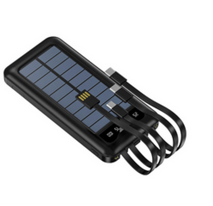 Batería externa solar de 10.000 mAh con panel solar, cables integrados y linterna