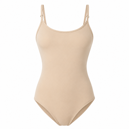 Body moldeador de mujer beige con tirantes finos y escote redondo