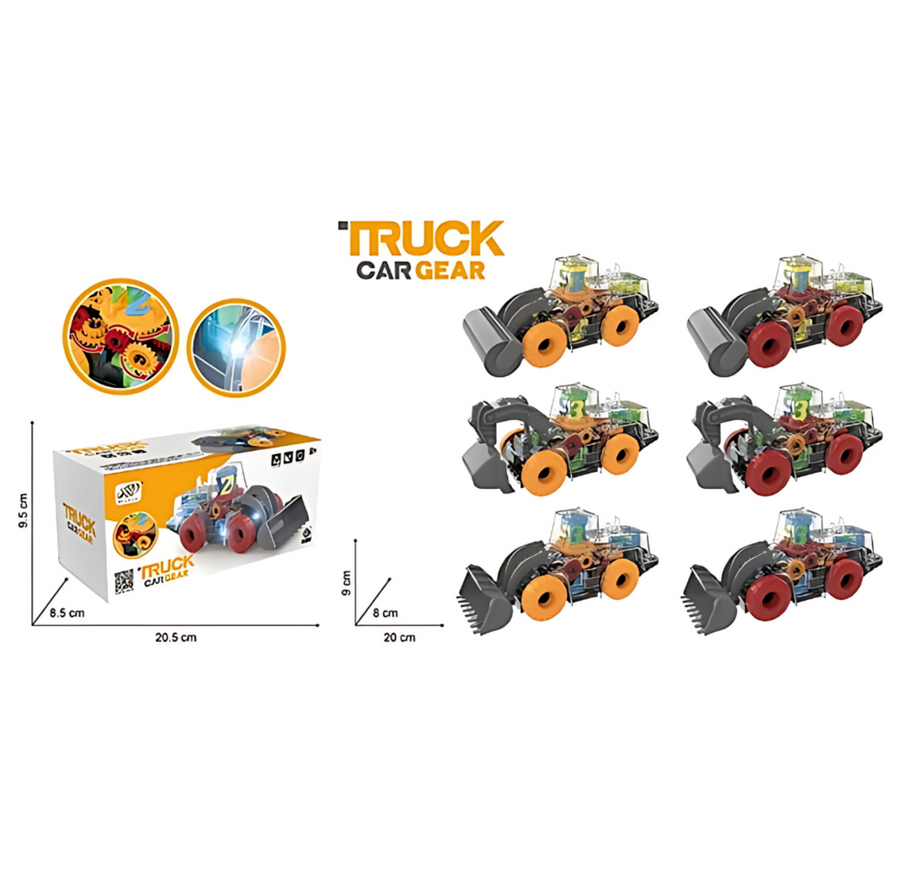 Set de 3 vehículos de construcción de juguete transparentes con engranajes de colores