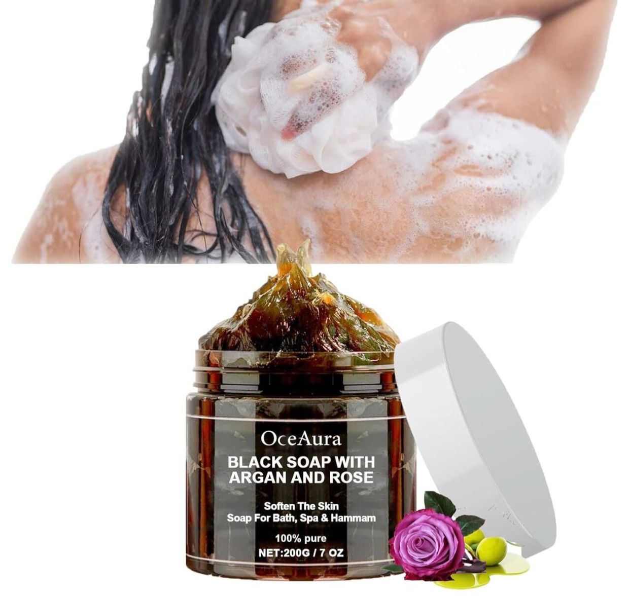 Oceaura – Moroccan Black Soap with Argan & Rose (200g)