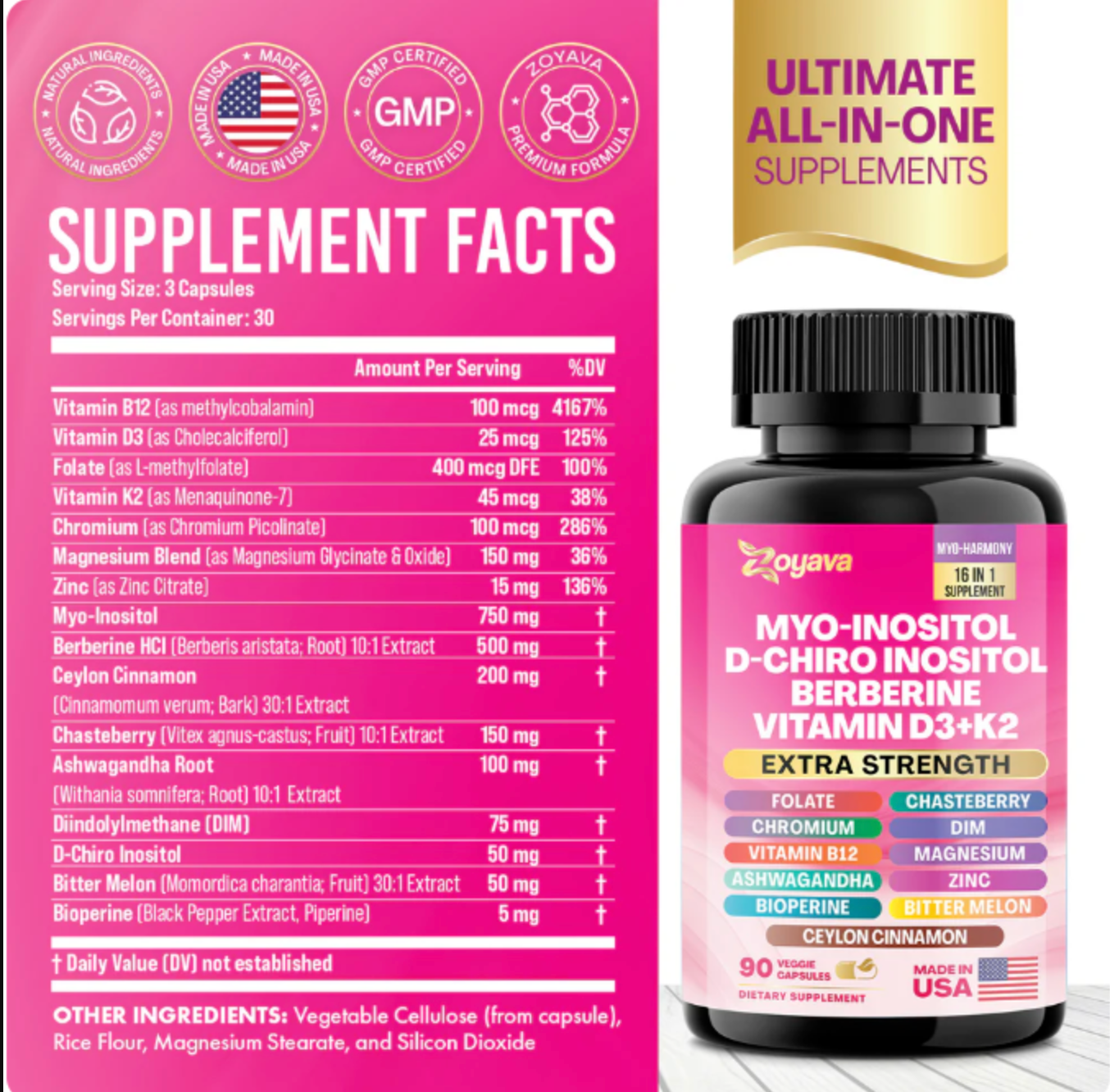 Hormone Supplement—Myo-Inositol + D-Chiro Inositol + Berberine + Vitamin D3 + K2—90 Capsules