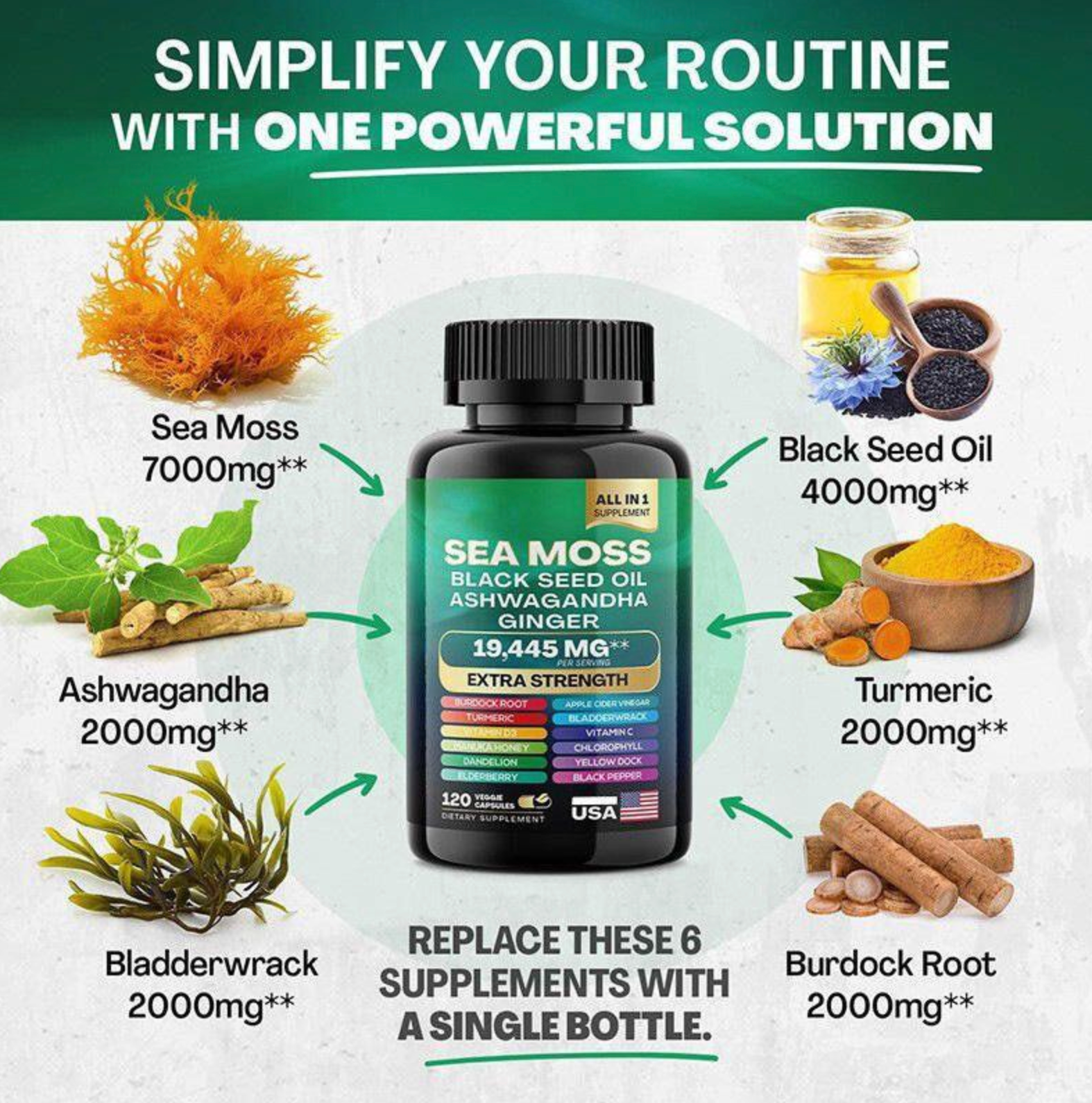 Suplemento Natural 3 en 1 Musgo de Mar, Semilla Negra y Ashwagandha 120 Capsulas