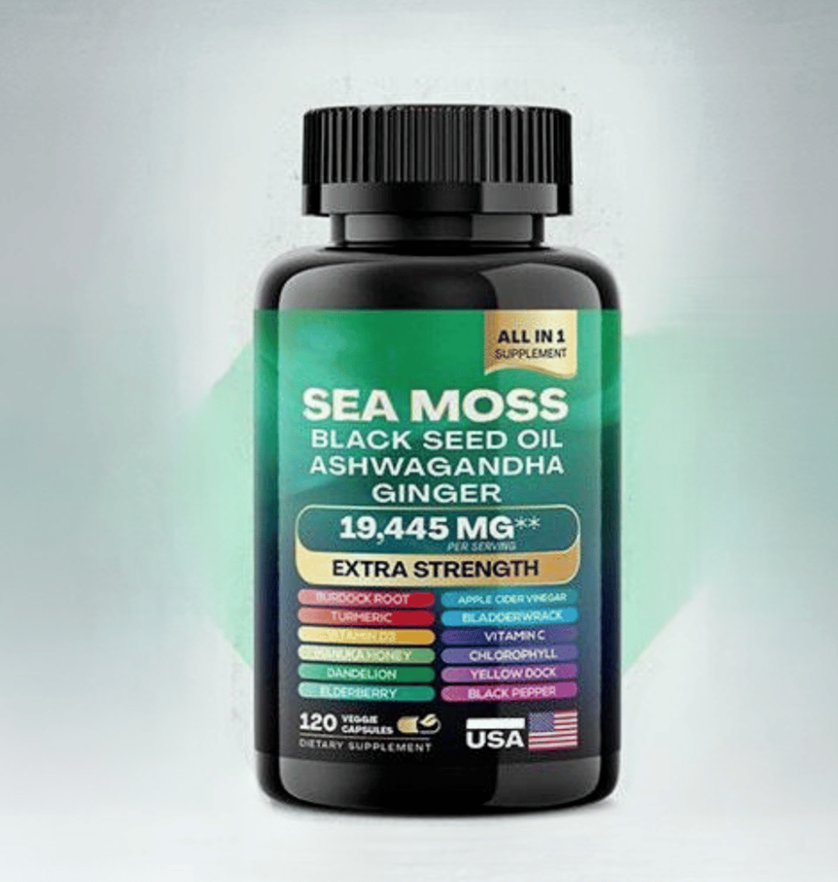 Suplemento Natural 3 en 1 Musgo de Mar, Semilla Negra y Ashwagandha 120 Capsulas