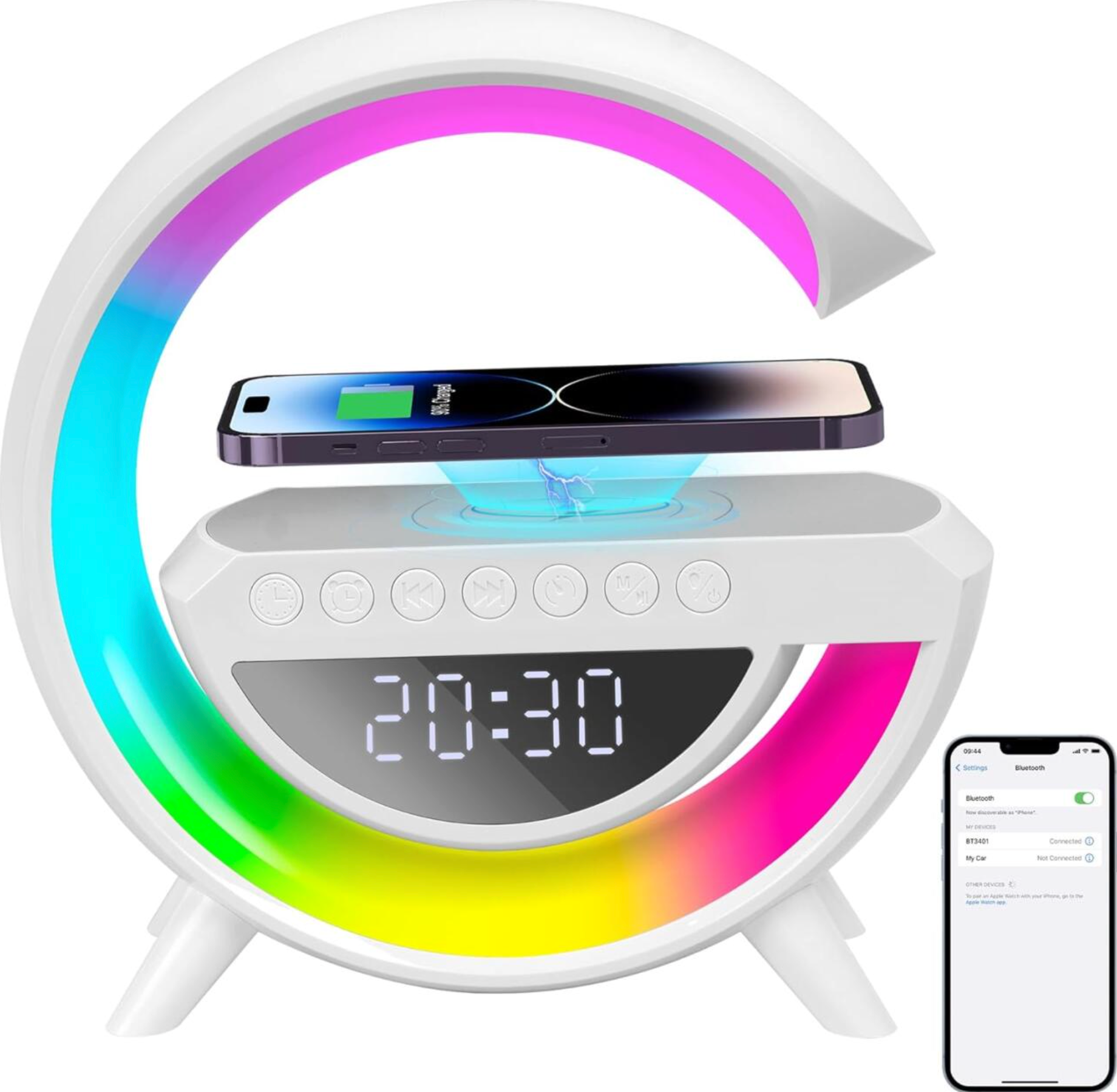 3-in-1 Smart Desk Lamp with Wireless Charger – LED Night Light with Adjustable Brightness and Music Sync (White)