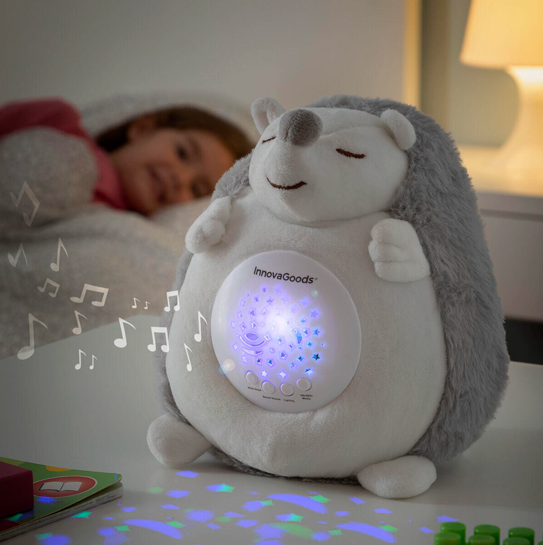 InnovaGoods Plush Hedgehog with White Noise & Spikey Night Light Projector – Cozy Sleep Companion for Kids