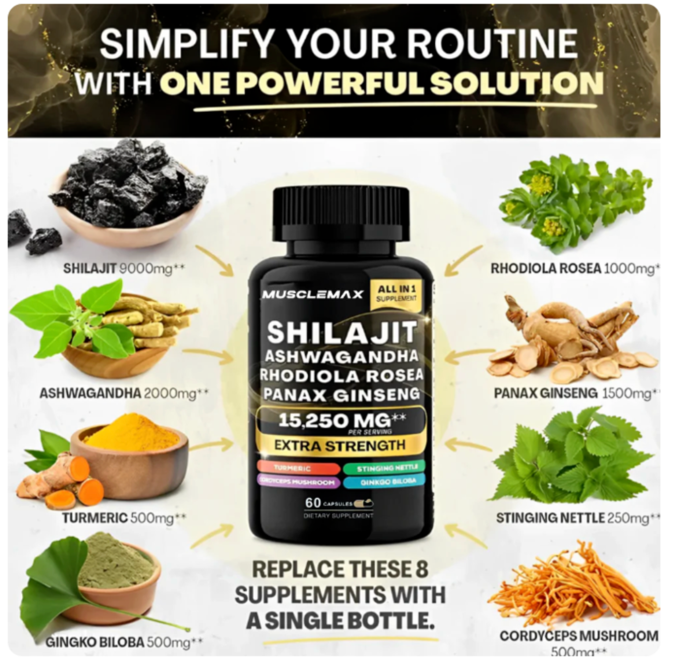 Suplemento Energizante Shilajit, Ashwagandha, Rhodiola y Panax Ginseng 60 Capsulas