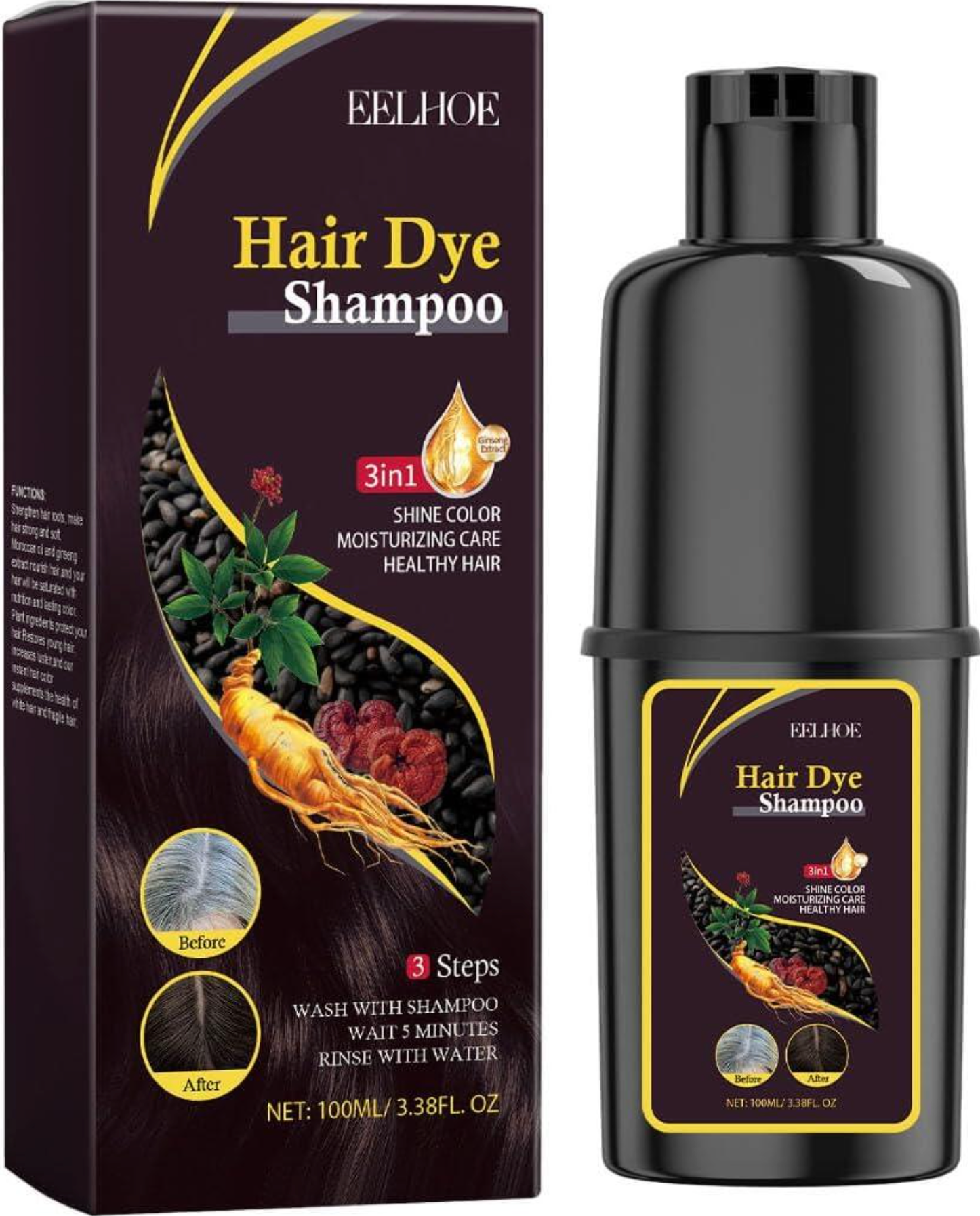 🖤 EELHOE 3-in-1 Black Hair Dye Shampoo – Color, Care & Nutrition in One Step