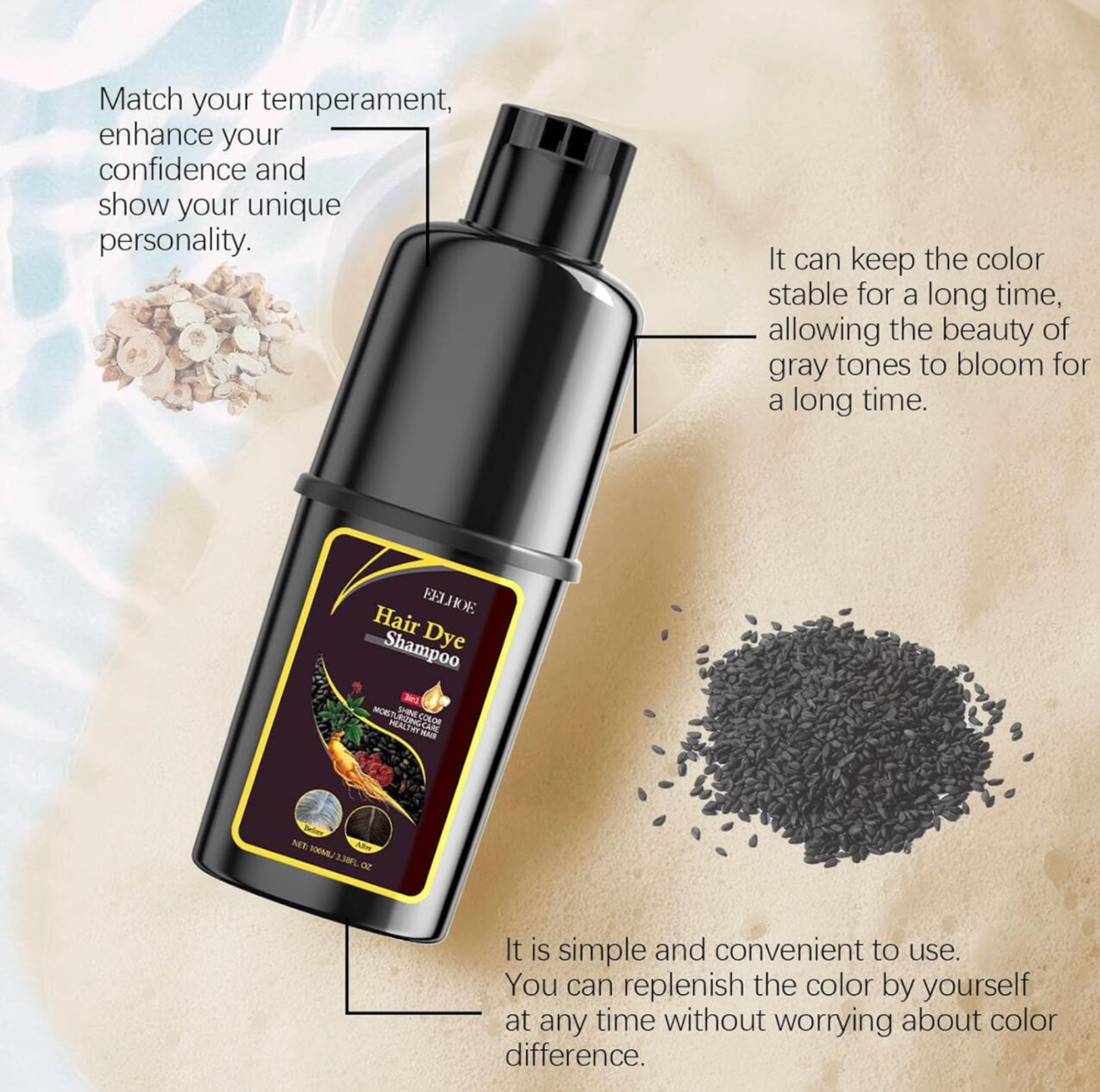 EELHOE Champú Tinte Negro 3 en 1 - Cubre Canas y Nutre el Cabello