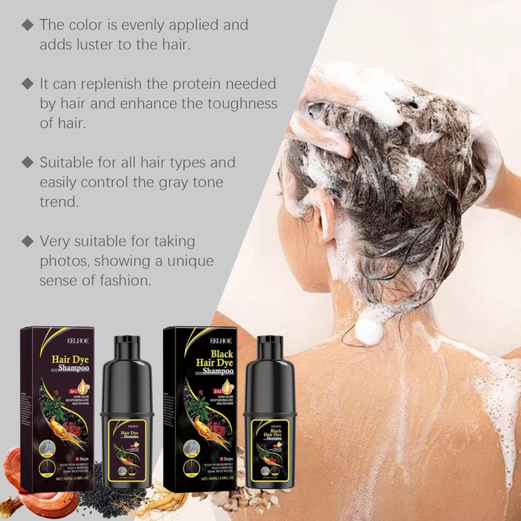 EELHOE Champú Tinte Negro 3 en 1 - Cubre Canas y Nutre el Cabello