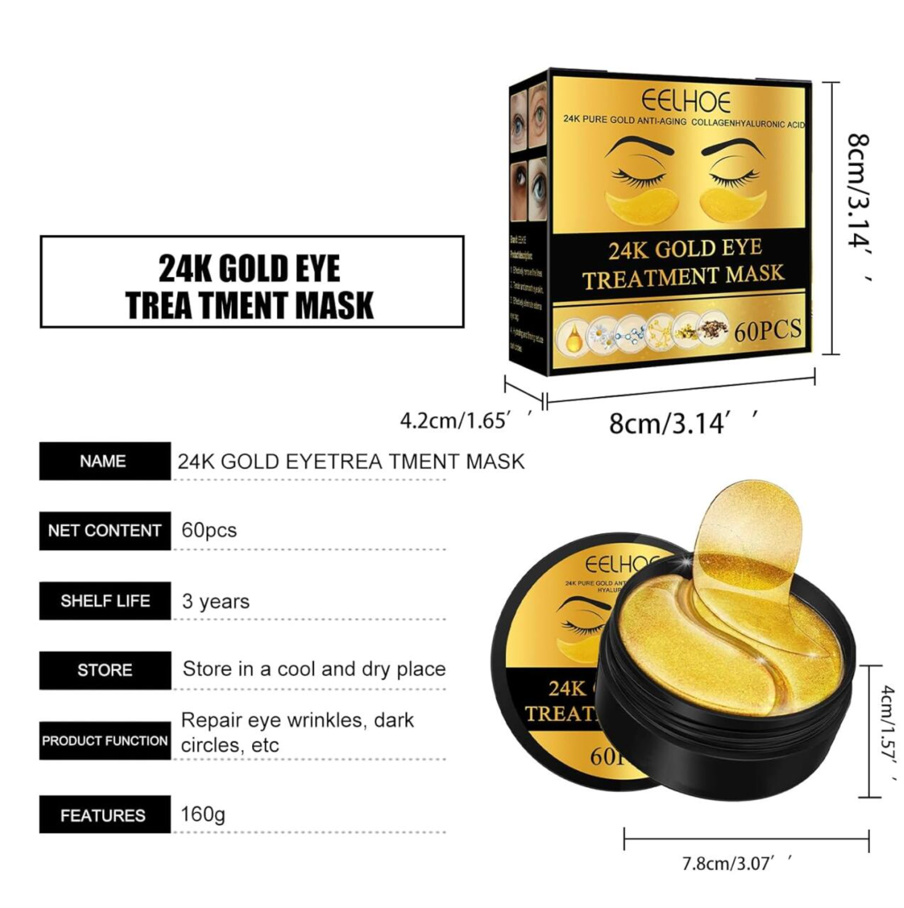 Parches de Ojos de Hidrogel con Oro 24K EELHOE - 60 Unidades