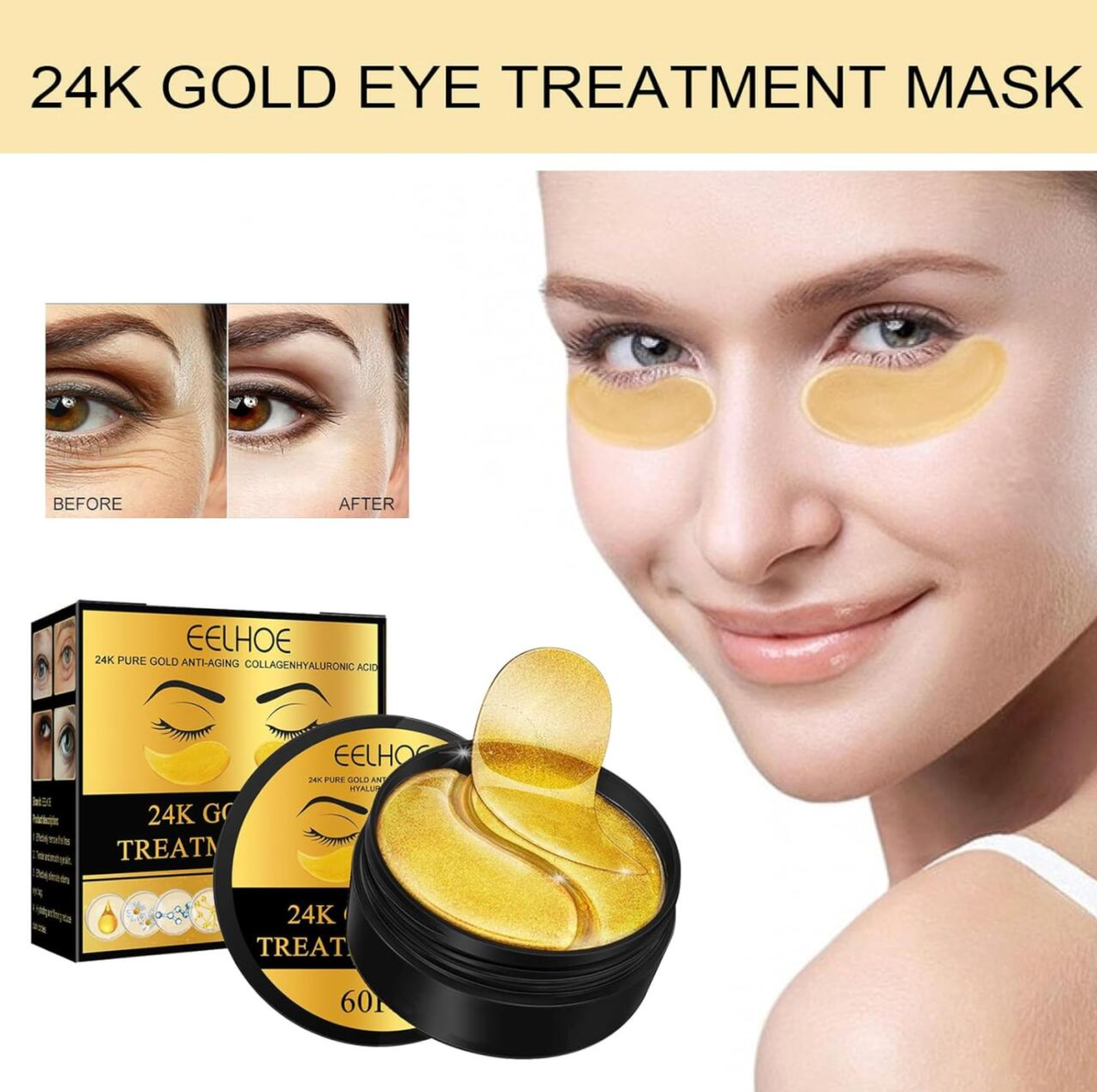 Parches de Ojos de Hidrogel con Oro 24K EELHOE - 60 Unidades
