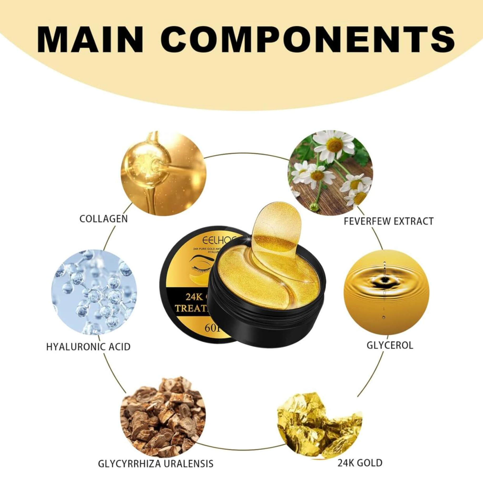 Parches de Ojos de Hidrogel con Oro 24K EELHOE - 60 Unidades