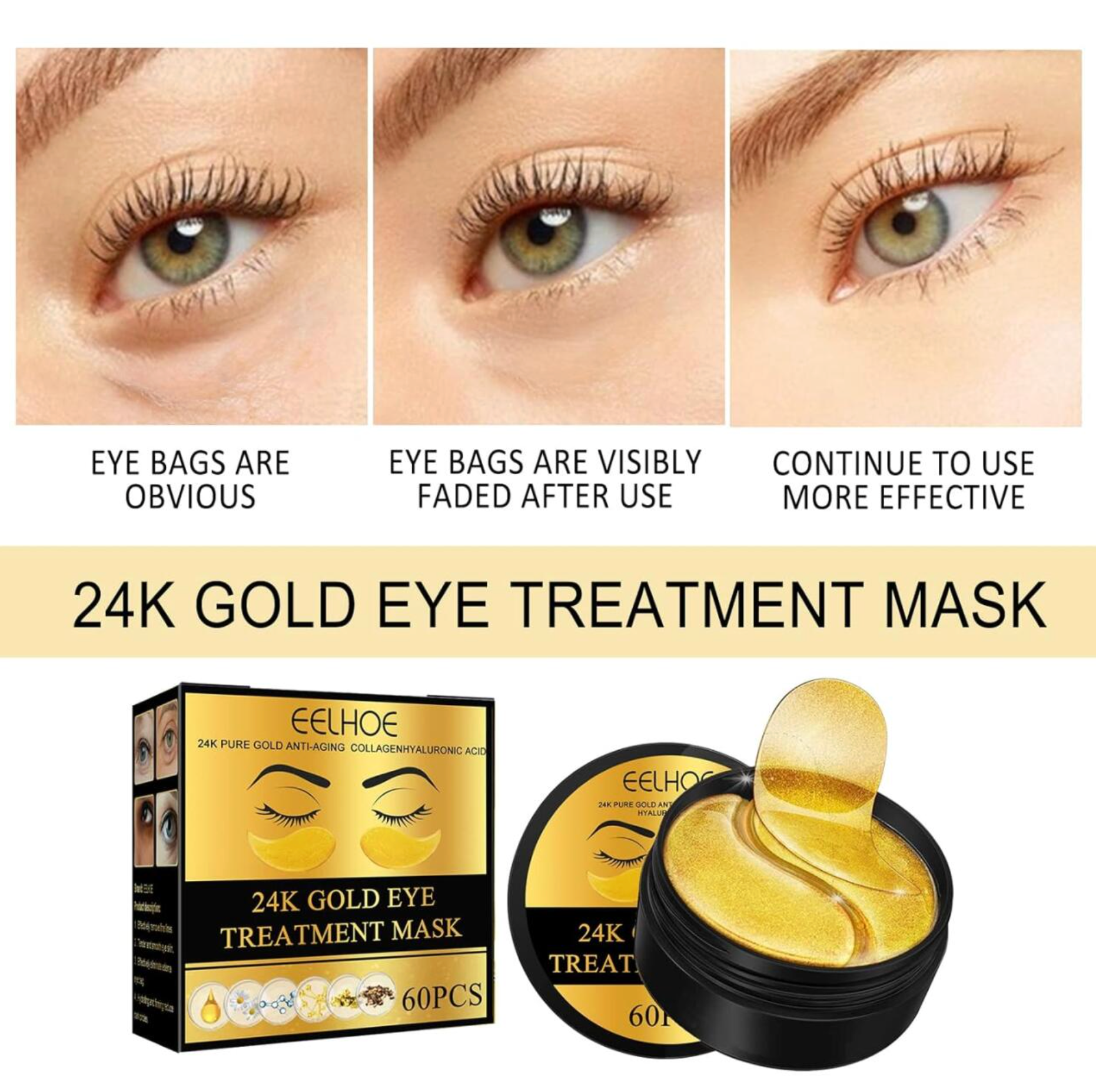 Parches de Ojos de Hidrogel con Oro 24K EELHOE - 60 Unidades