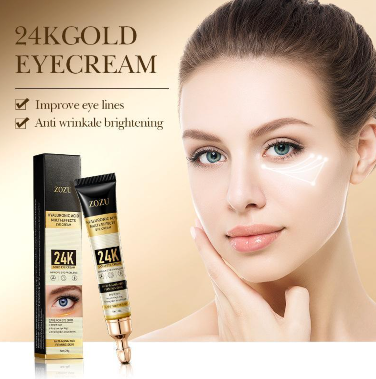 Crema Contorno de Ojos Oro 24K y Ácido Hialurónico - Hidrata y Reduce Ojeras