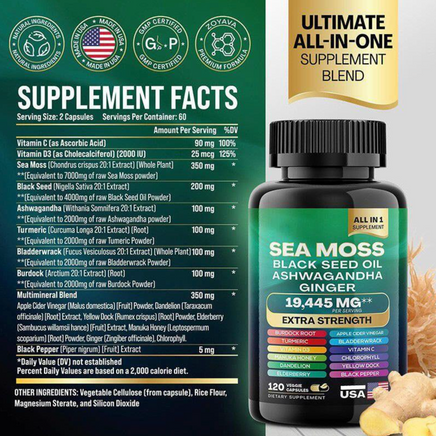 Sea Moss, Black Seed, and Ashwagandha Capsules – 60 count