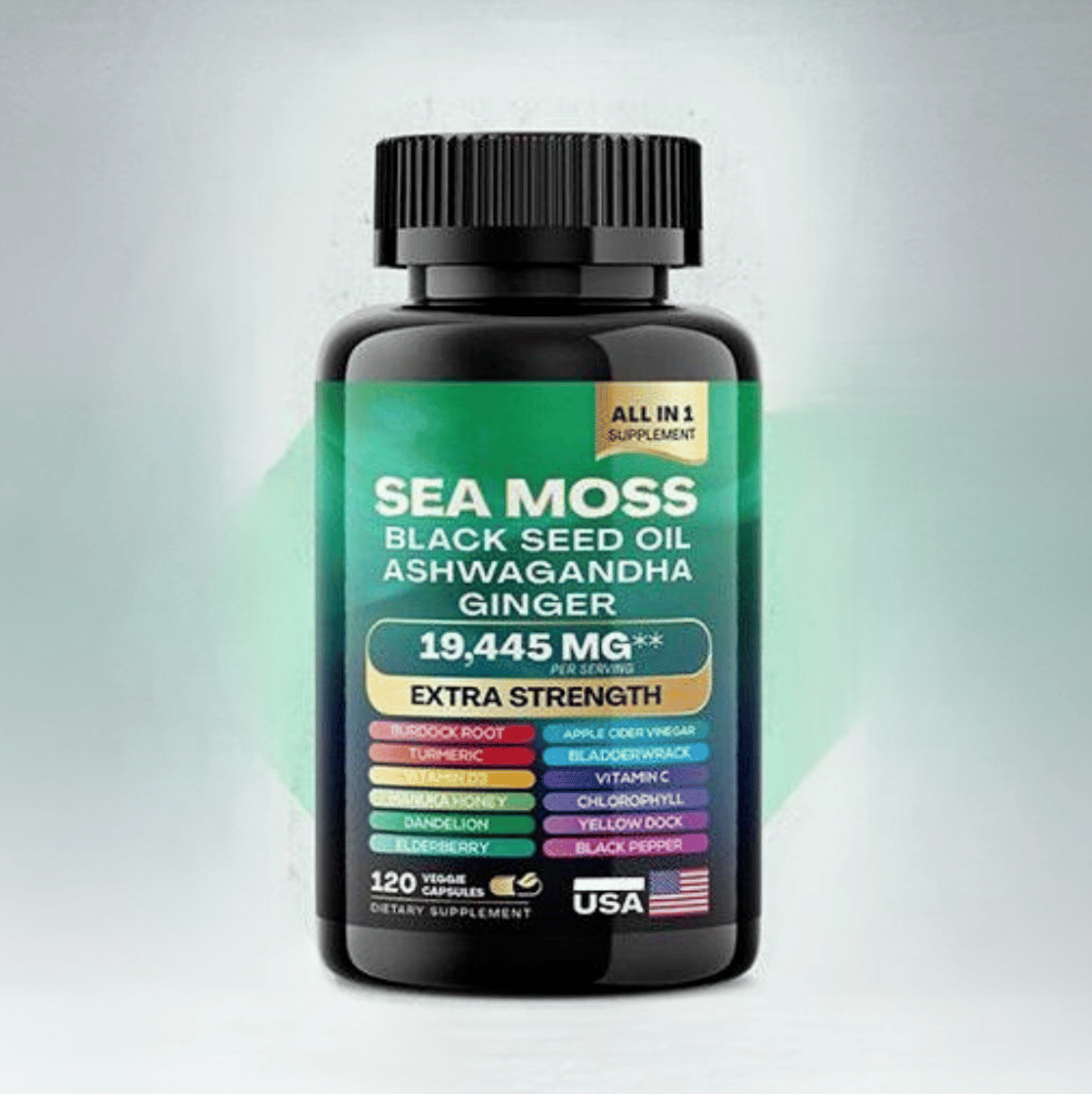 Suplemento Natural Musgo de Mar, Aceite de Semilla Negra y Ashwagandha
