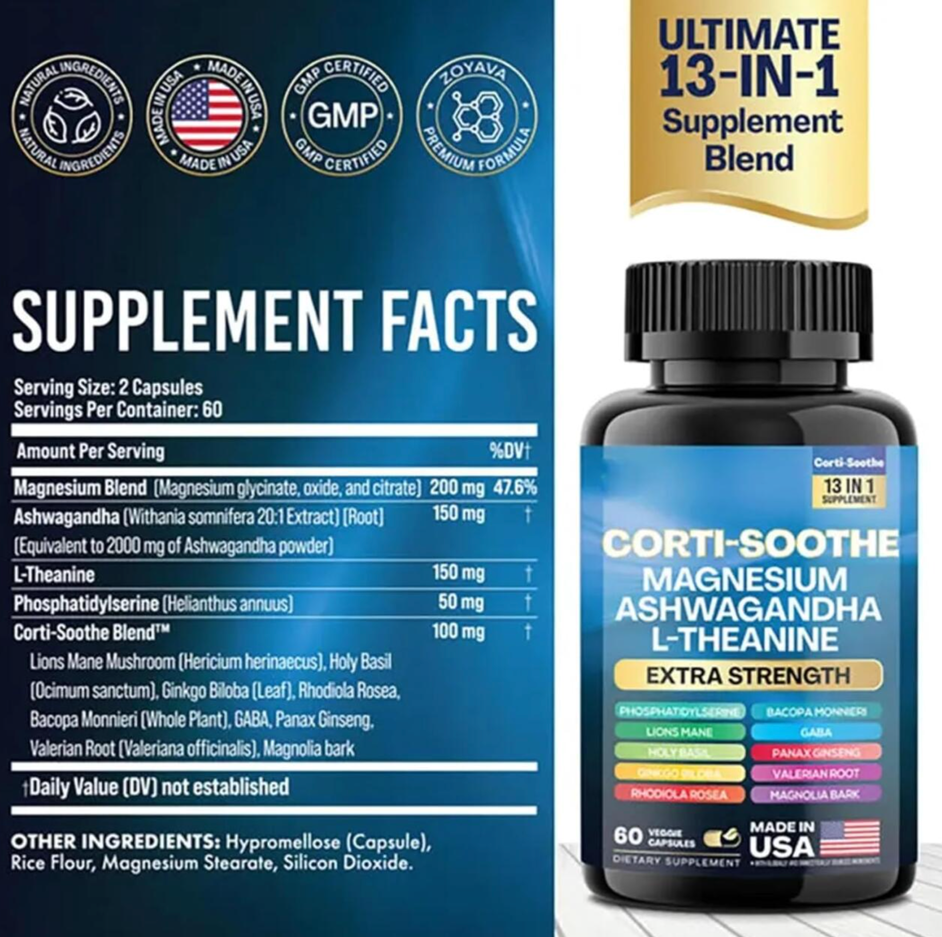 🌙 Cortisol Balance Anti-Stress Supplement – Magnesium Glycinate + L-Theanine + Ashwagandha 60 Capsules